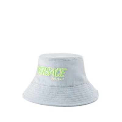 Versace Logo Denim Bucket Hat In Blue