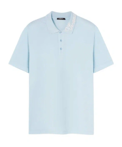 Versace Embroidered-logo Cotton Polo Shirt In Blue