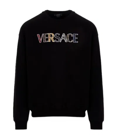 Versace Embroidered Logo Cotton Sweatshirt In Black