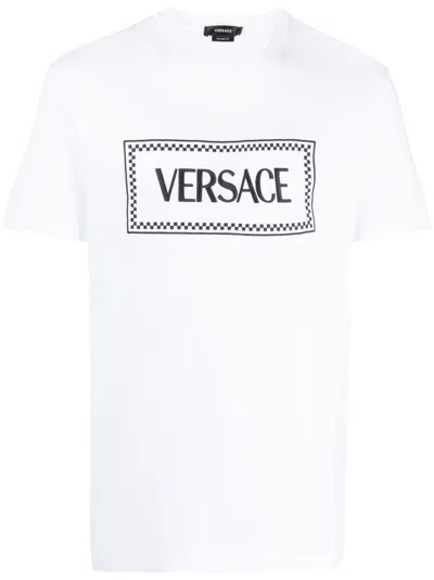 Versace Embroidered Logo Cotton T-shirt For Men In White