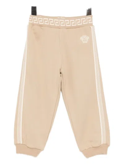 Versace Babies' Embroidered-logo Cotton Trackpants In Neutral