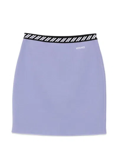 Versace Embroidered Logo Elastic Waist Mini Skirt In Viola