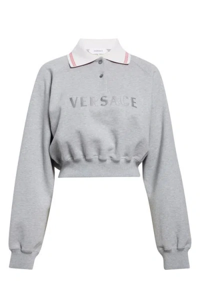 Versace Embroidered Logo Greca Collar Cotton Fleece Crop Polo Sweatshirt In Gray