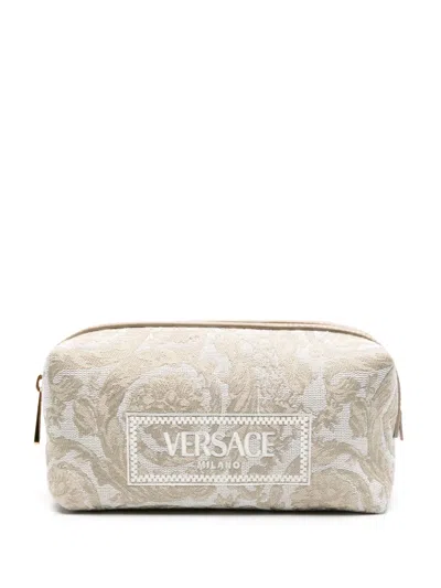 Versace Embroidered-logo Jacquard Toiletry Bag In Nude