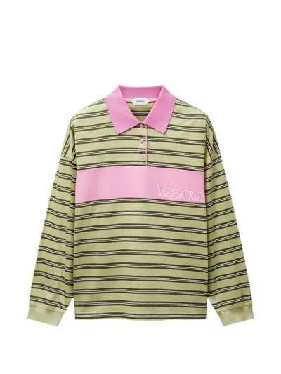 Versace Embroidered Logo Long Sleeve Shirt With Three-button Closure, Ribbed Trim, Size 38 In Verde