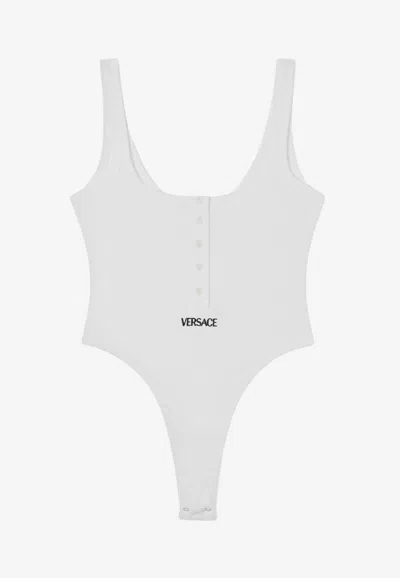 Versace Embroidered Logo Rib Knit Bodysuit In Gray