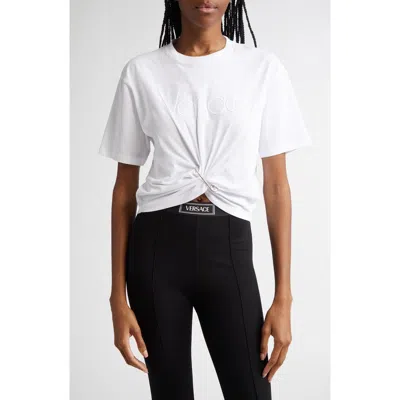 Versace Embroidered Logo Safety Pin Crop Cotton T-shirt In White