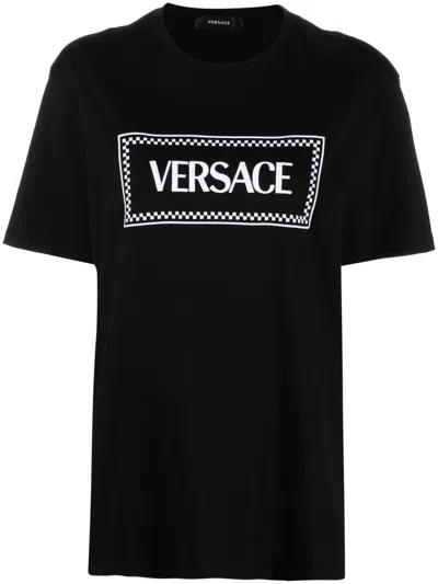 Versace Logo刺绣棉t恤 In Nero