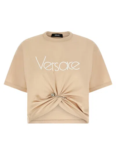 VERSACE VERSACE EMBROIDERED LOGO T-SHIRT WITH SAFETY PIN DETAIL
