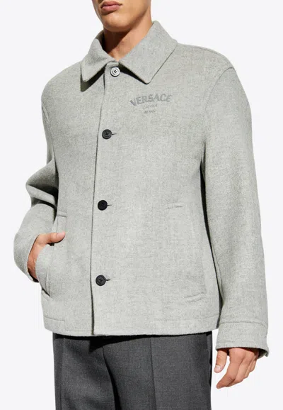 Versace Embroidered Logo Wool Short Coat