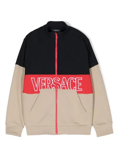 Versace Kids' Embroidered-logo Zip-up Sweatshirt In Blue
