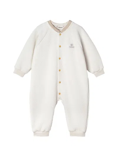 Versace Babies' Embroidered Matelassé Cotton-jersey Sleepsuit In Gold