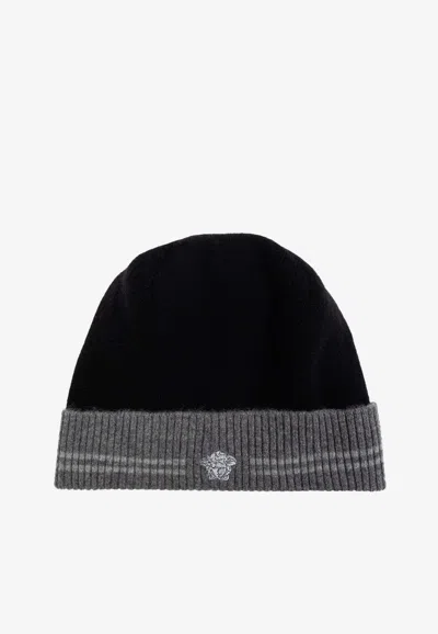 Versace Embroidered Medusa Cashmere Knit Beanie In Black
