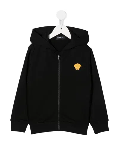 Versace Kids' Embroidered Medusa Cotton Hoodie In Black