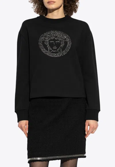 Versace Embroidered-medusa Crewneck Sweatshirt In Black