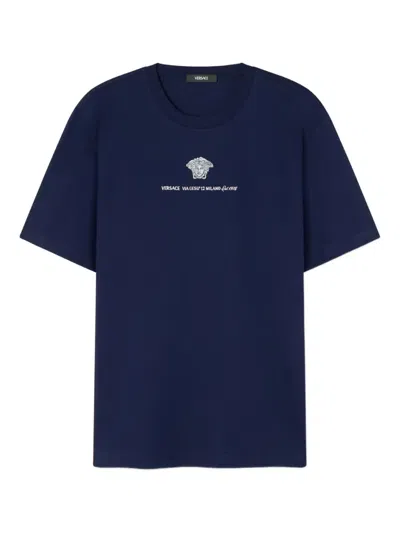 Versace Embroidered-medusa Head T-shirt In Blue