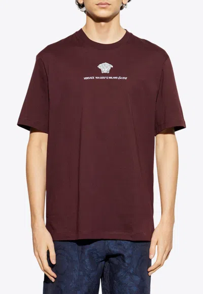 Versace Medusa Embroidered Cotton T-shirt In Burgundy