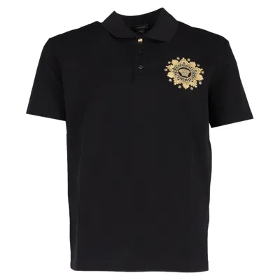 Versace Embroidered-medusa Polo Shirt In Black Cotton