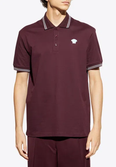Versace Embroidered-medusa Polo T-shirt In Burgundy