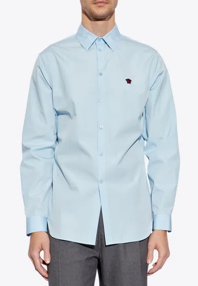 Versace Embroidered-medusa Poplin Shirt In Light Blue