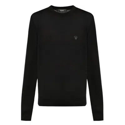 Versace Embroidered Medusa Wool-blend Sweater In Black