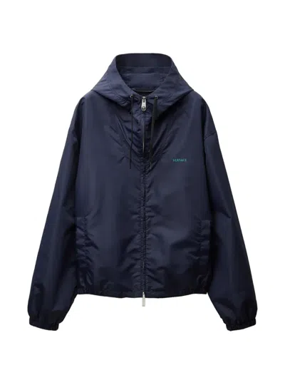 Versace Embroidered Nylon Windbreaker In Blue