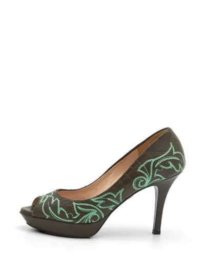 Pre-owned Versace Embroidered Peep-toe Pumps In Brown