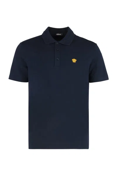 Versace Embroidered Medusa Polo Shirt In Blue