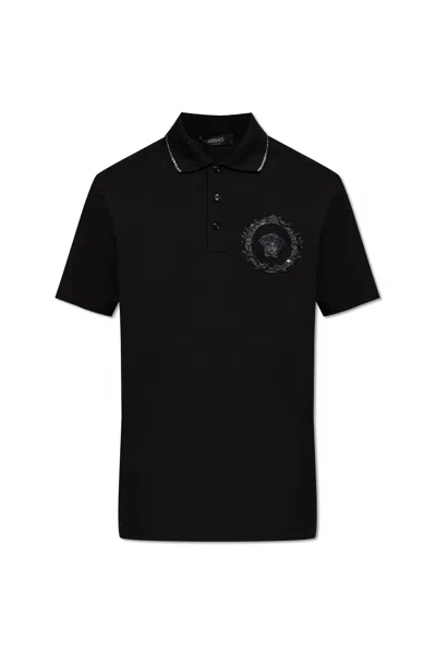 Versace Embroidered Polo Shirt In Black
