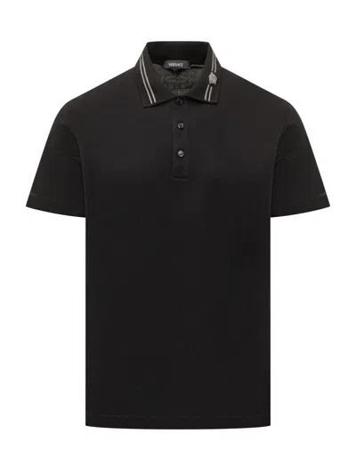 Versace Embroidered Polo With Modern Detailing In Black