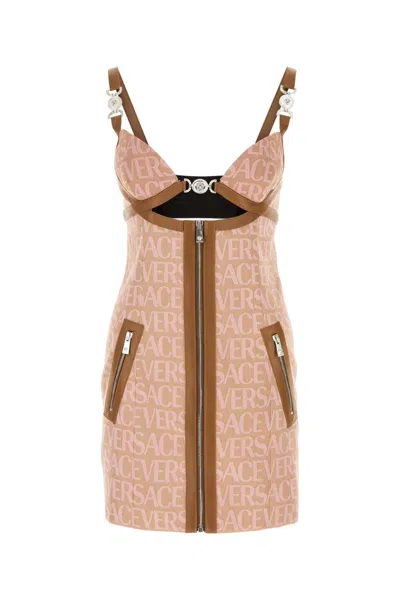 Versace La Vacanza Logo Canvas Leather-trim Zip-front Mini Dress In Multi
