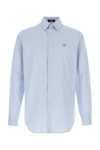 Versace Embroidered Poplin Shirt In Blue