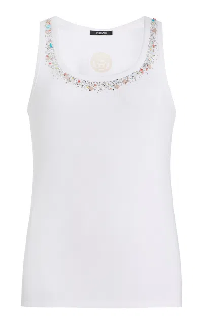 Versace Embroidered Ribbed Cotton Tank Top In White
