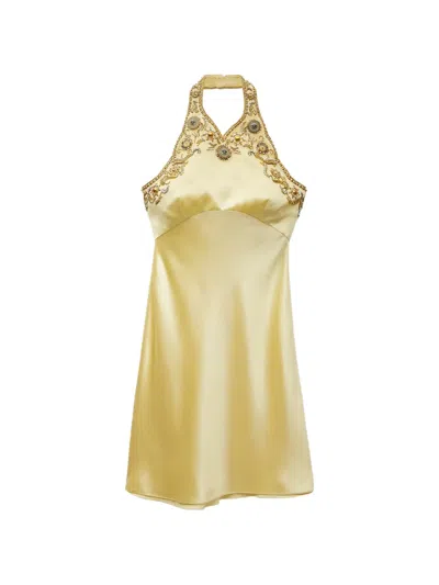 Versace Embroidered Silk Cady Satin Mini Dress In Yellow