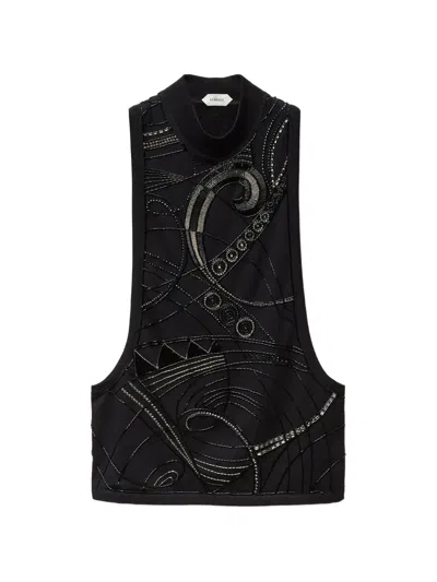 Versace Embroidered Stretch Cotton Jersey Tank Top In Black