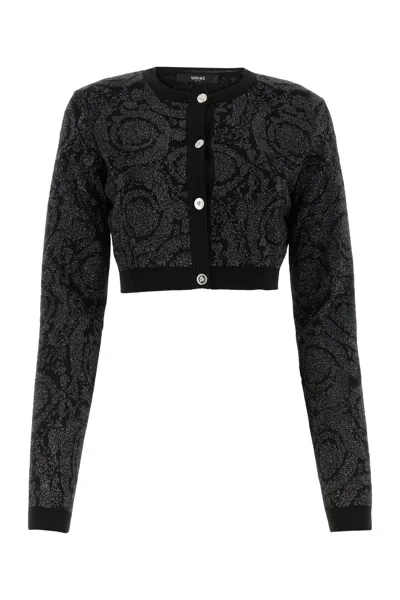 Versace Embroidered Stretch Viscose Blend Cardigan In Black