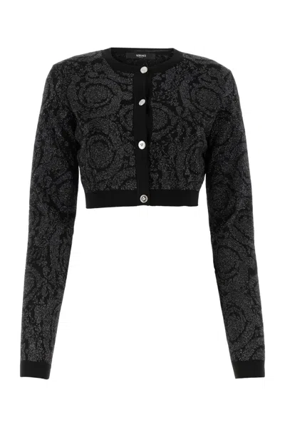 Versace Embroidered Stretch Viscose Blend Cardigan In Black