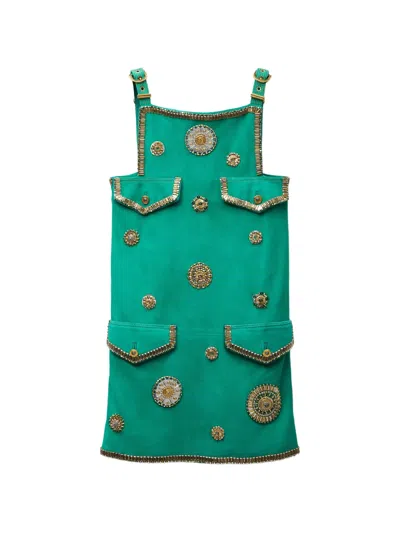 Versace Embroidered Suede Mini Dress In Green