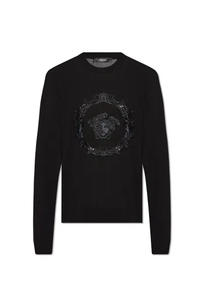 Versace Embroidered Sweater In Nero