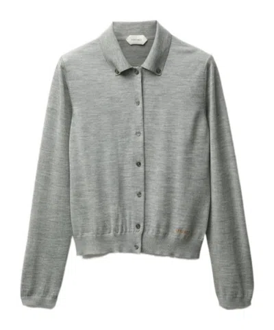 Versace Embroidered Wool Knit Cardigan In Gray