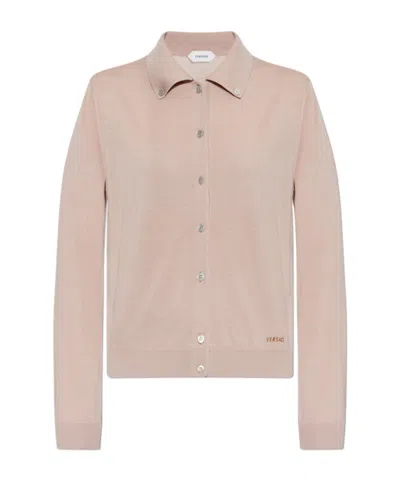 Versace Embroidered Wool Knit Cardigan In Neutral