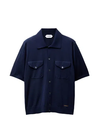 Versace Gender Inclusive Embroidered Short Sleeve Virgin Wool Shirt Cardigan In Blue