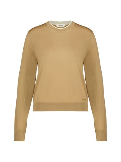 Versace Embroidered Wool Knit Sweater In Neutrals