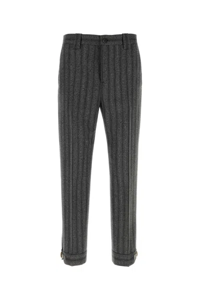 Versace Embroidered Wool Pant With Striped Detail In Gray