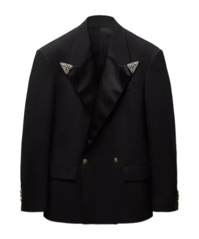 Versace Embroidered-lapel Wool Stretch Blazer In Black