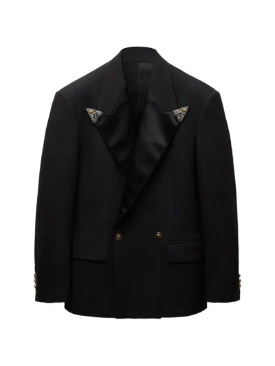 Versace Embroidered-lapel Wool Stretch Blazer In Black