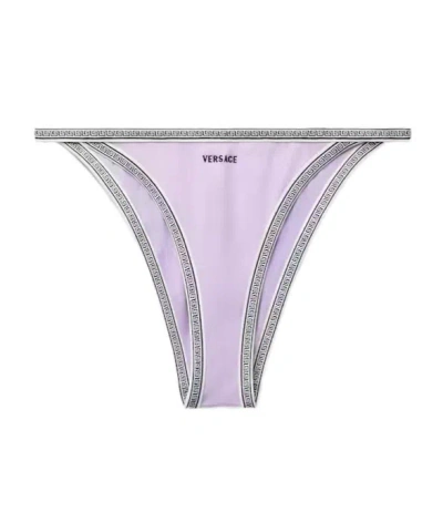 Versace Embroidered-logo Bikini Bottoms In Purple