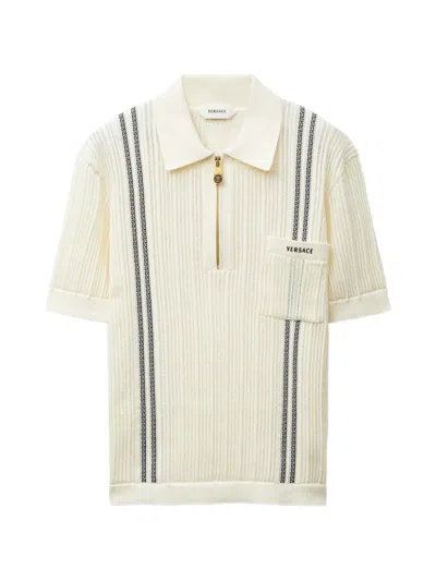 Versace Embroidered-logo Cotton Knit Polo Shirt In Neutral