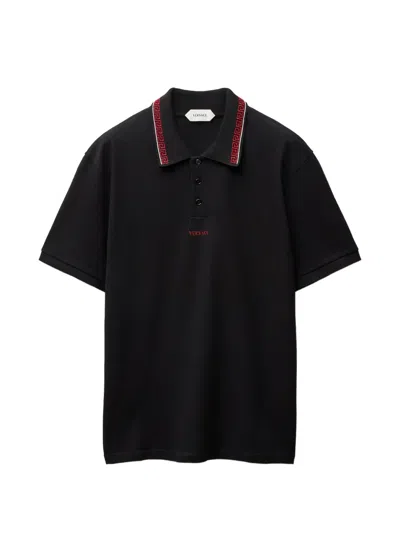 Versace Embroidered-logo Cotton Piqué Polo In Black