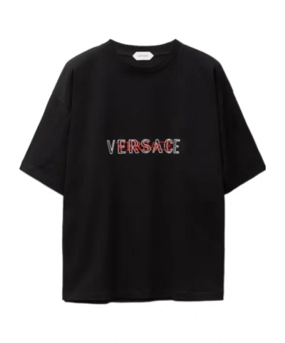 Versace Embroidered-logo Cotton-jersey Regular T-shirt In Black